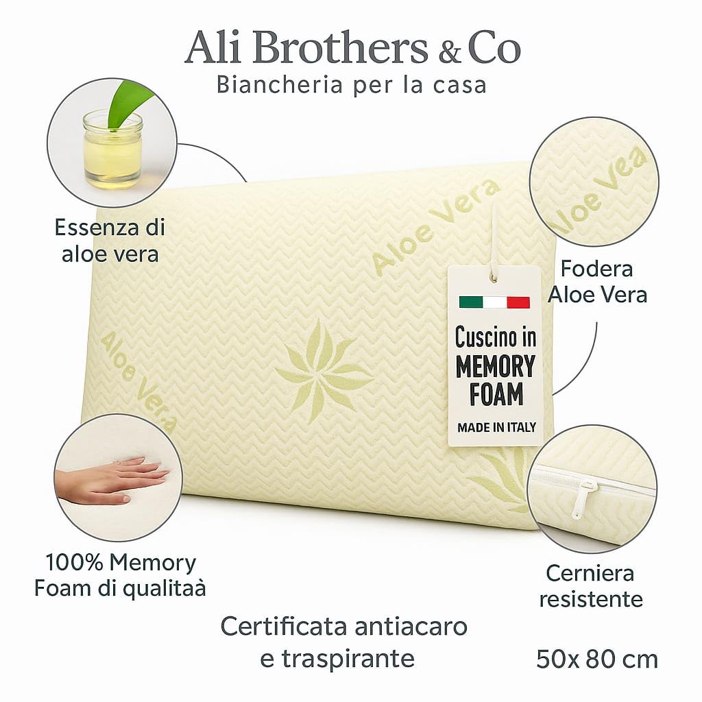Ali Brothers Cuscino Letto in Memory Foam Ergonomico – Cervicale, Ortopedico, Traspirante, Altezza 13/15 cm – Antiacaro, Made in Italy – Cuscino per Dormire, Collo e Schiena