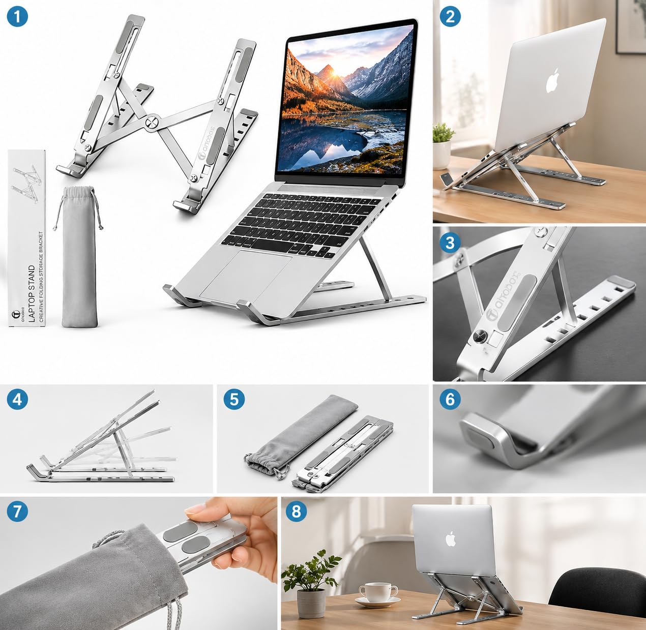 Ali Brothers Supporto per Laptop in Alluminio, Pieghevole e Portatile, Regolabile a 7 Livelli, Antiscivolo, Grigio, Finitura Metallica Anodizzata