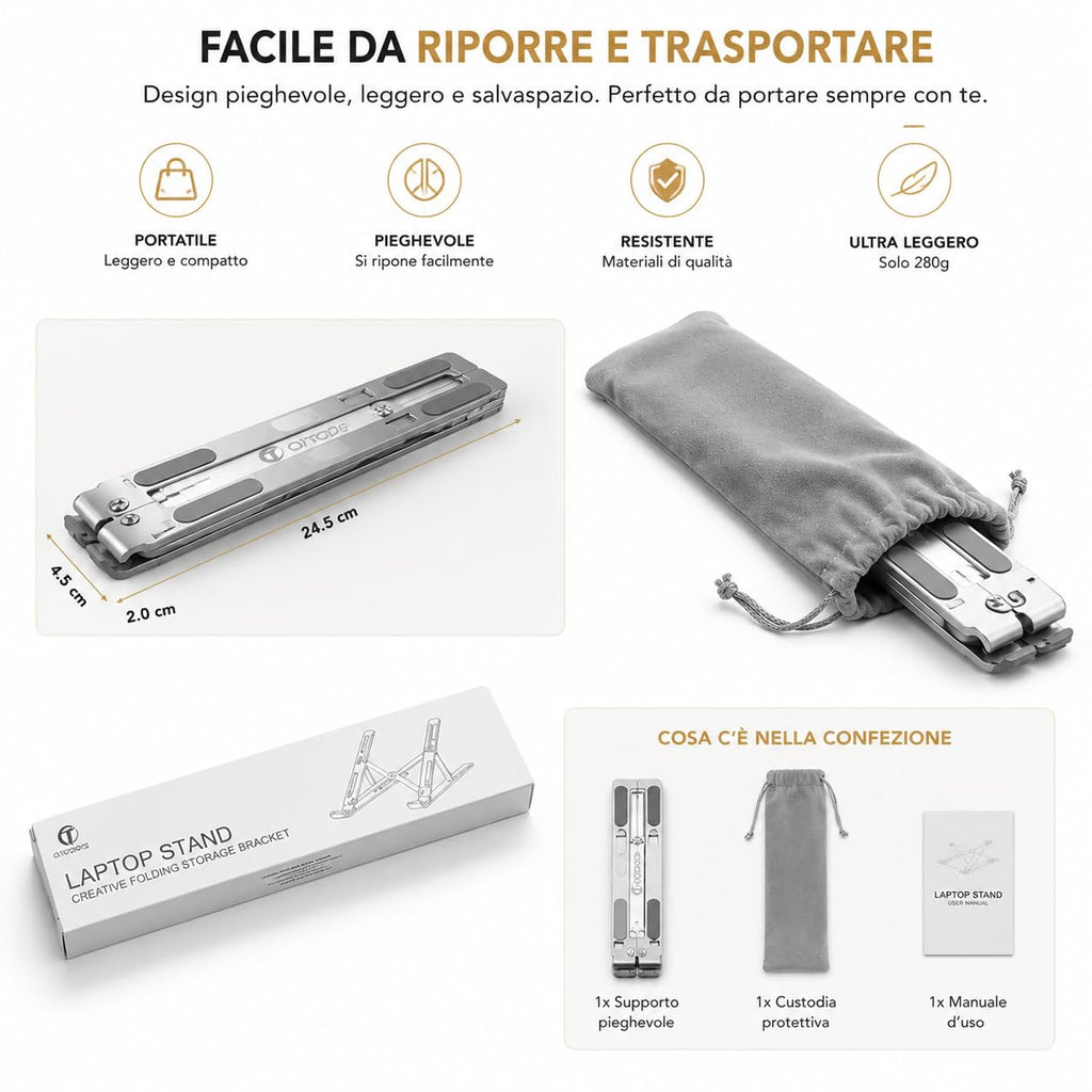 Ali Brothers Supporto per Laptop in Alluminio, Pieghevole e Portatile, Regolabile a 7 Livelli, Antiscivolo, Grigio, Finitura Metallica Anodizzata