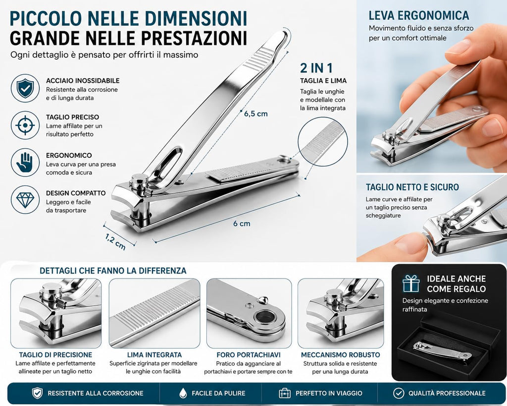 Tagliaunghie Professionale in Acciaio Inox- con lime per unghie integrate, tagliaunghia in acciaio inossidabile resistente per unghie spesse, affilato per uomini e donne