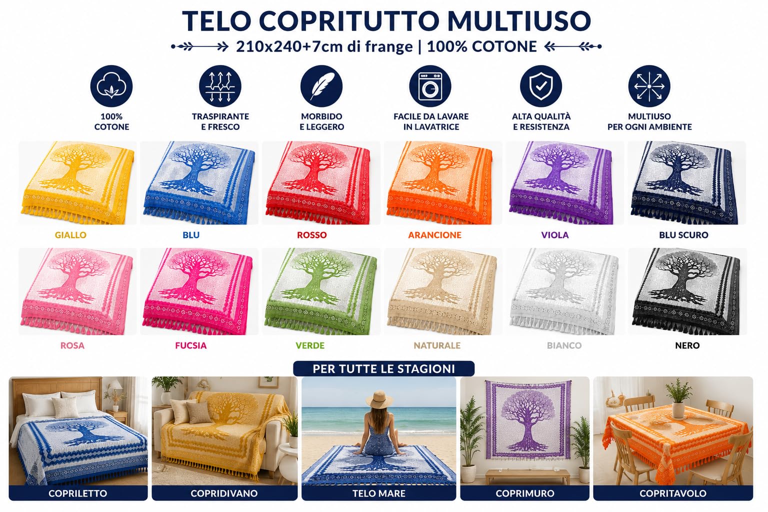 Ali Brothers Telo Mare Grande, cotone 210x230 cm+7cm frange| Telo Spiaggia antisabbia | Asciugamano Mare Fouta, frange e angoli - Pareo Donna Uomo Ragazzi | Pic Nic Beach Towel Coperta, lungo leggero
