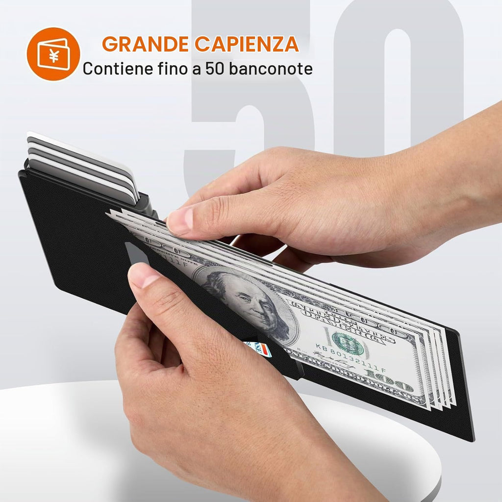 Ali Brothers Portafoglio Uomo in Pelle, Porta Carte di Credito Piccolo Slim Con Protezione RFID, Compatto, Elegante Con Bottone, Scomparti Per Banconote e 12 Slot Per Tessere