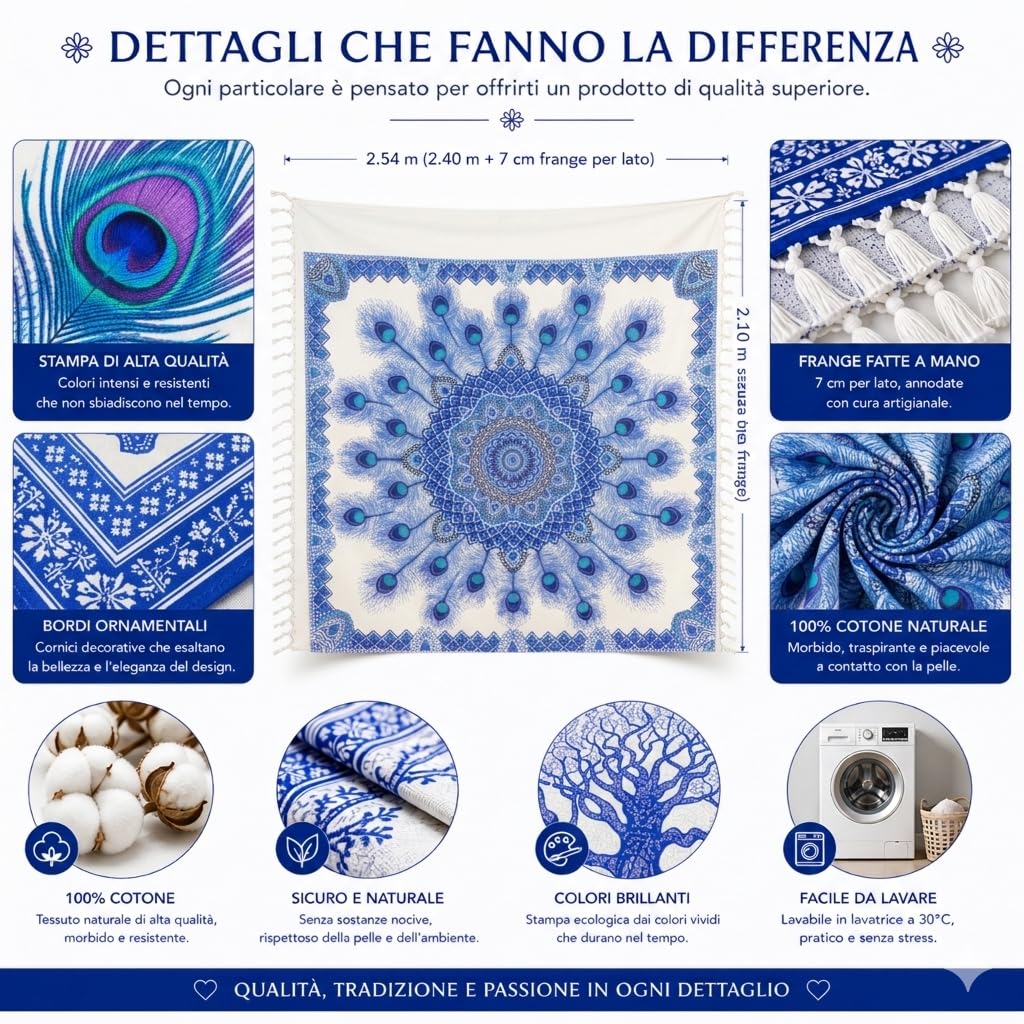Ali Brothers Telo Mare Grande, cotone 210x230 cm+7cm frange| Telo Spiaggia antisabbia | Asciugamano Mare Fouta, frange e angoli - Pareo Donna Uomo Ragazzi | Pic Nic Beach Towel Coperta, lungo leggero