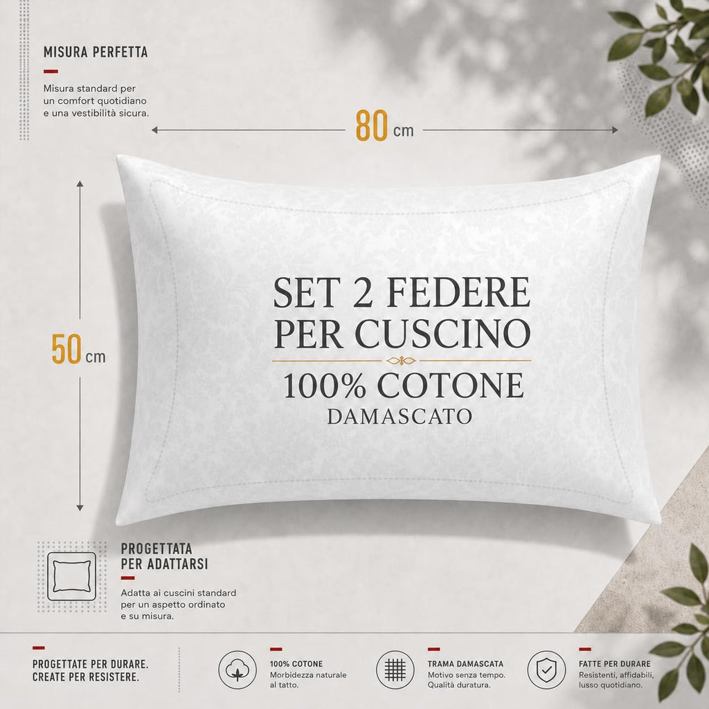 Set 2 Federe Cuscino 50x80 cm con Cerniera, 100% Cotone Damascato, Morbide e Traspiranti, Copricuscini Bianchi per Letto Matrimoniale