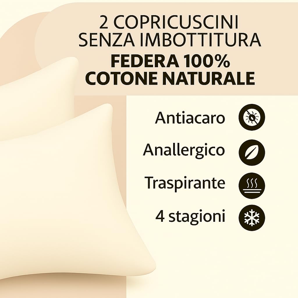 Set 2 Federe Cuscino 50x80 cm – 100% Cotone Morbido e Traspirante – Antipiega, Antiacaro, Lavabili – Naturale per Letto Singolo o Matrimoniale"