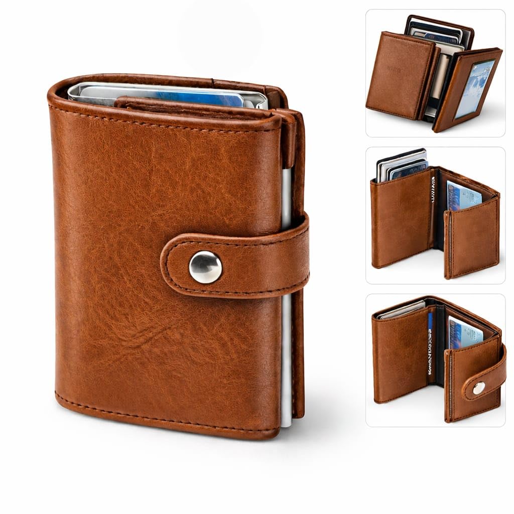 Ali Brothers Portafoglio Uomo in Pelle, Porta Carte di Credito Piccolo Slim Con Protezione RFID, Compatto, Elegante Con Bottone, Scomparti Per Banconote e 12 Slot Per Tessere