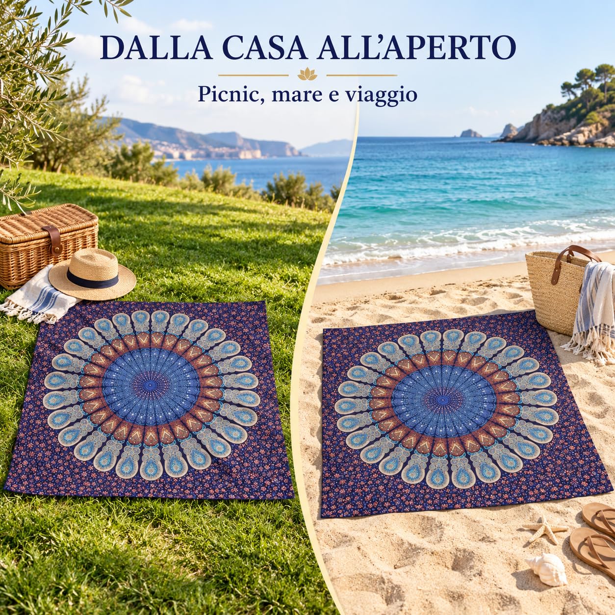 Ali Brothers Telo Copritutto Mandala 210x240 cm, Copridivano 3 Posti Boho Indiano in Cotone, Multiuso per Mare, Picnic, Arazzo da Parete, Casa e Viaggio
