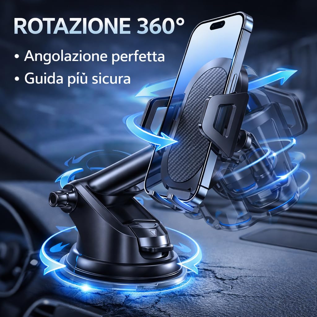 Porta Cellulare Auto Universale Cruscotto Parabrezza Bocchette, Accessori Auto 2025, Supporto Telefono Auto Rotazione 360 Gradi Porta Telefono Auto Regolabile con Ventosa per Telefono Forte Tenuta