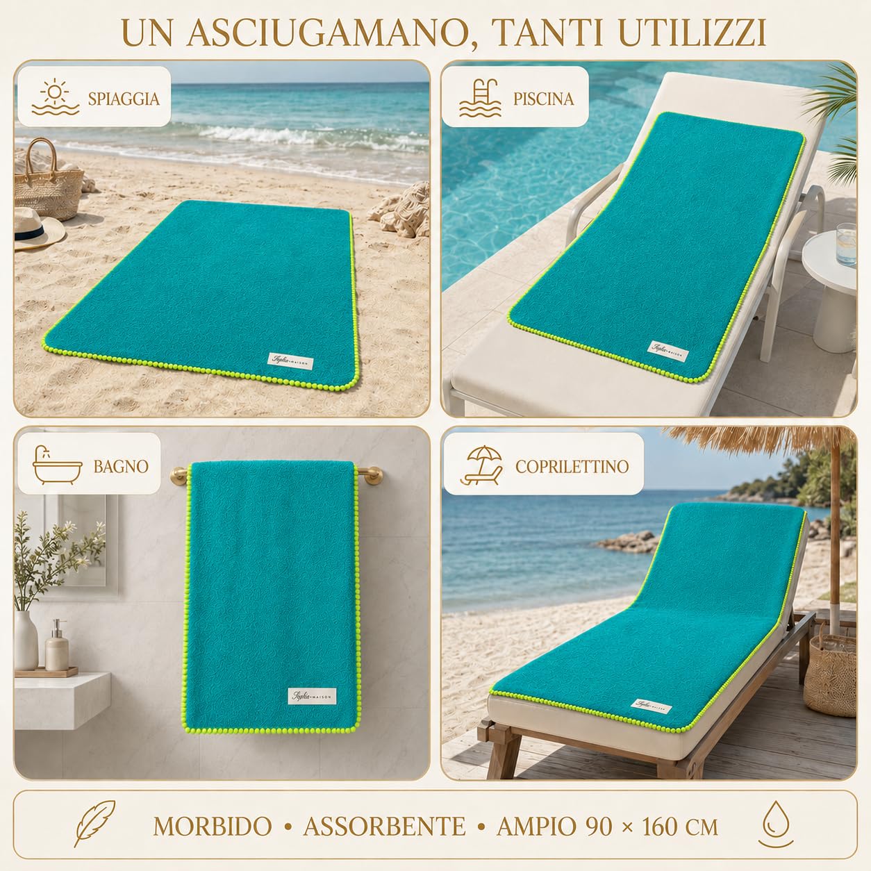 Ali Brothers Telo Mare 90x160 cm in Spugna Jacquard 100% Cotone-Morbido e assorbente, ideale per spiaggia, piscina, bagno e coprilettino da mare.