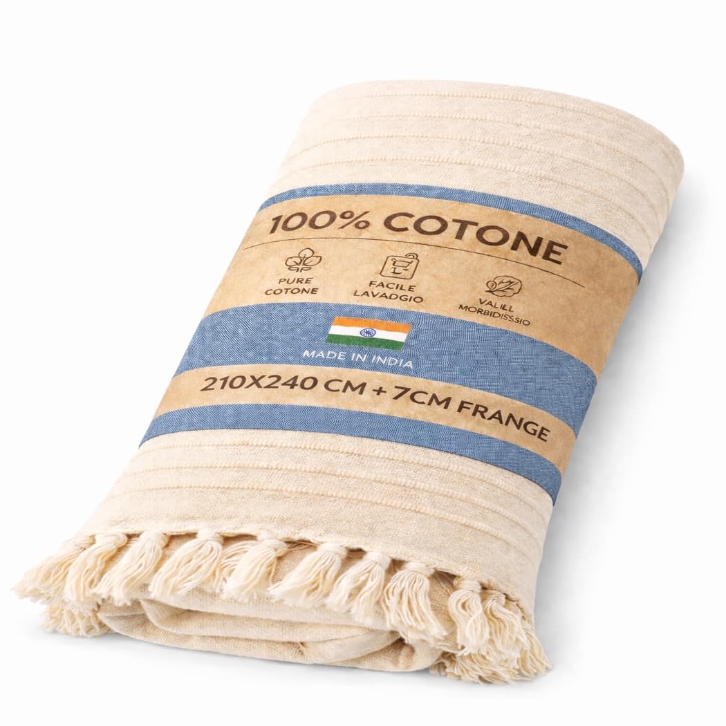 Telo Copritutto 100% Cotone Made in India 210x240 cm + Frange 7 cm – Copridivano Universale, Copriletto Matrimoniale, Coprimuro Boho, Telo Parete, Coperta Estiva Leggera, Telo Arredo Multiuso