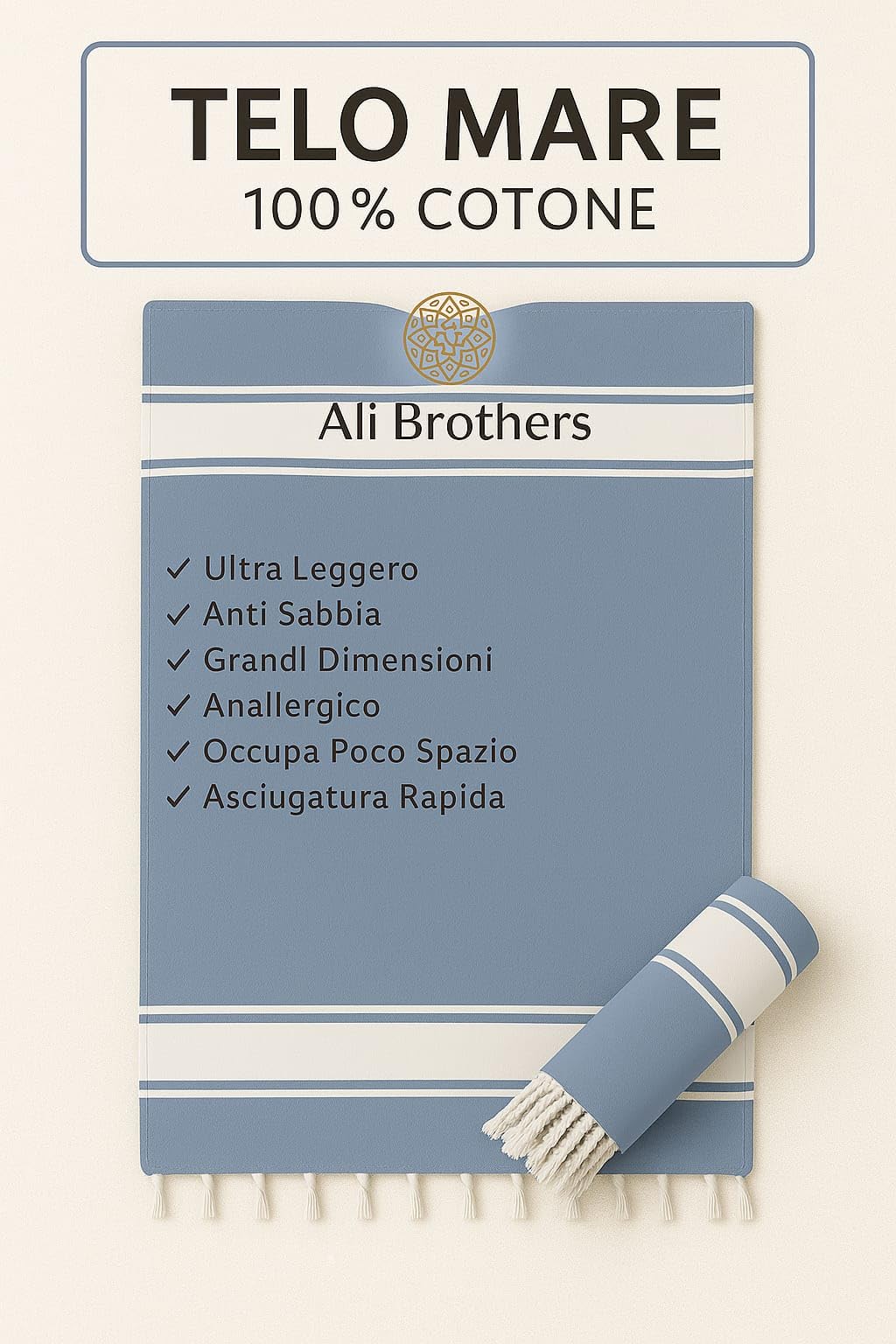 Ali Brothers Telo Mare Grande 90x170cm 100% Cotone – Asciugamano da Spiaggia con Frange – Antisabbia, Leggero, Assorbente e Compatto – Fouta per Hammam, Sauna, Viaggio, Piscina, Yoga, Campeggio,
