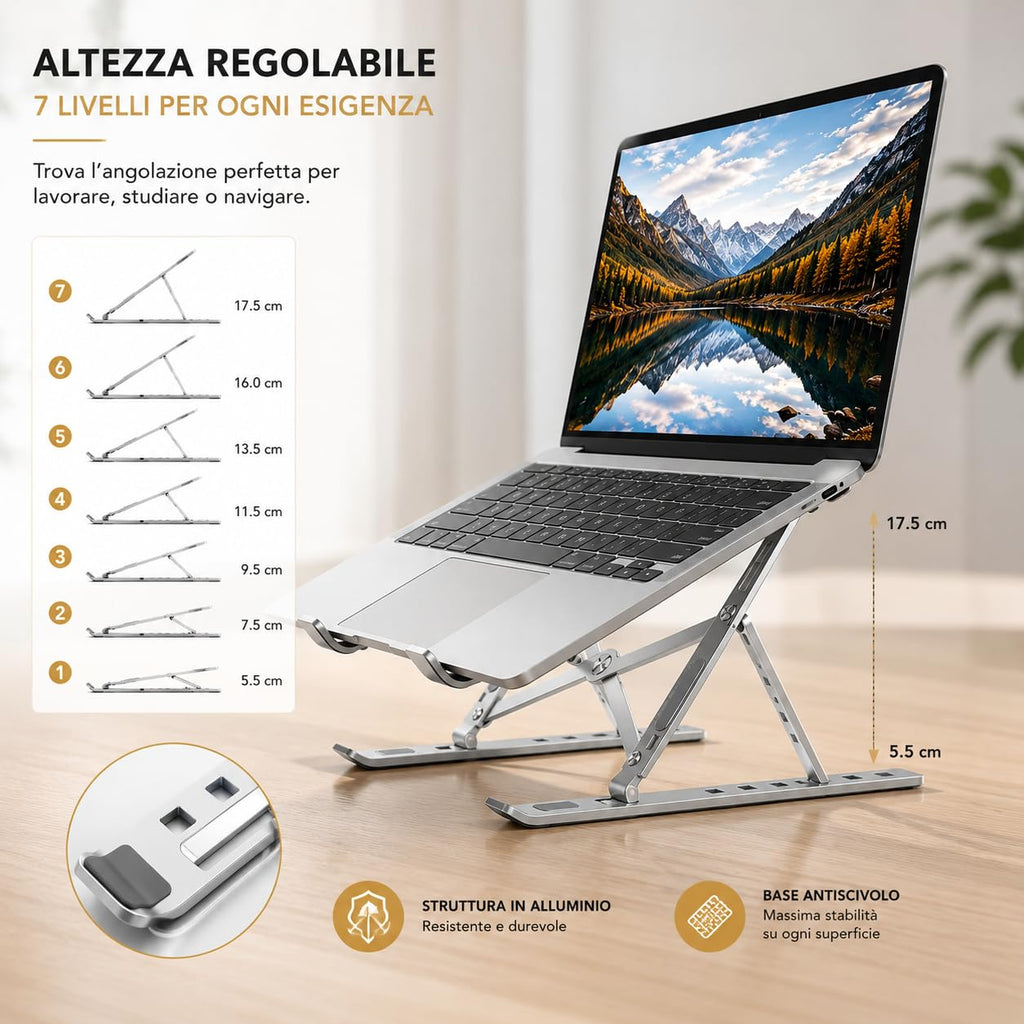 Ali Brothers Supporto per Laptop in Alluminio, Pieghevole e Portatile, Regolabile a 7 Livelli, Antiscivolo, Grigio, Finitura Metallica Anodizzata