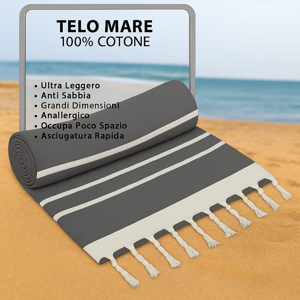 Ali Brothers Telo Mare Grande 90x170cm 100% Cotone – Asciugamano da Spiaggia con Frange – Antisabbia, Leggero, Assorbente e Compatto – Fouta per Hammam, Sauna, Viaggio, Piscina, Yoga, Campeggio,
