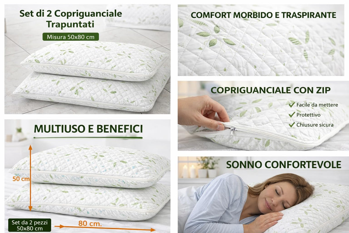 Ali Brothers Federa Cuscino Aloe Vera 50x80 cm – Set 2 Pezzi, Copricuscino Trapuntato con Zip, Traspirante, Anallergico, Morbido e Lavabile, Protezione Guanciale