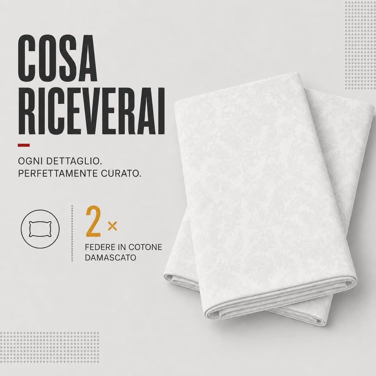 Set 2 Federe Cuscino 50x80 cm con Cerniera, 100% Cotone Damascato, Morbide e Traspiranti, Copricuscini Bianchi per Letto Matrimoniale