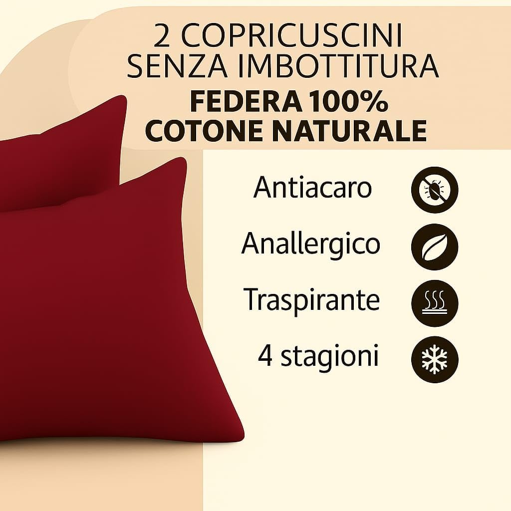 Set 2 Federe Cuscino 50x80 cm – 100% Cotone Morbido e Traspirante – Antipiega, Antiacaro, Lavabili – Naturale per Letto Singolo o Matrimoniale"