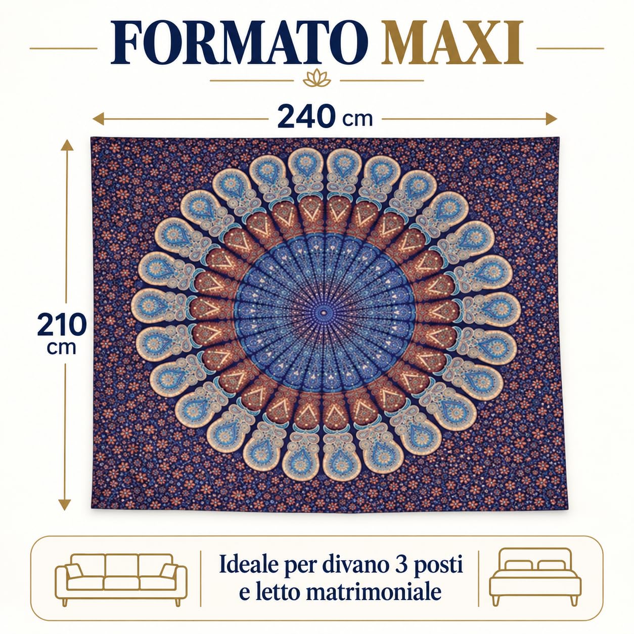 Ali Brothers Telo Copritutto Mandala 210x240 cm, Copridivano 3 Posti Boho Indiano in Cotone, Multiuso per Mare, Picnic, Arazzo da Parete, Casa e Viaggio