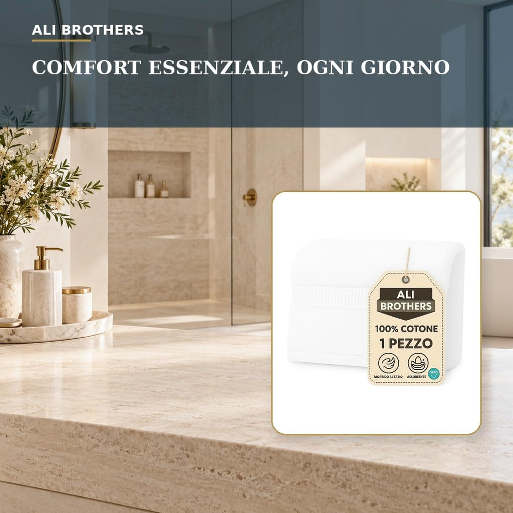 Ali Brothers Telo Doccia Maxi 100x160 cm, Asciugamano Bagno XL in Spugna 100% Cotone, Morbido e Assorbente, Lavabile, Bianco, 1 Pezzo