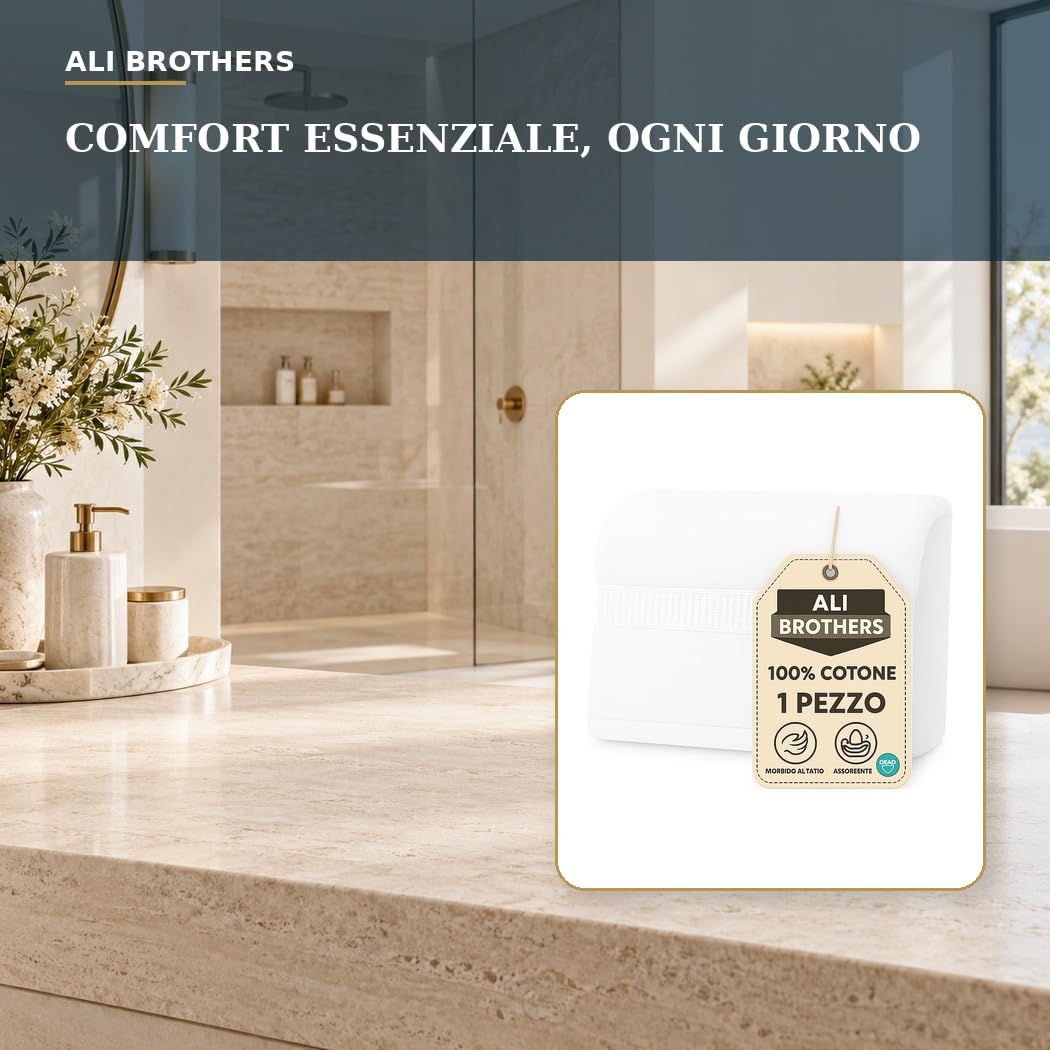 Ali Brothers Telo Doccia Maxi 100x160 cm, Asciugamano Bagno XL in Spugna 100% Cotone, Morbido e Assorbente, Lavabile, Bianco, 1 Pezzo