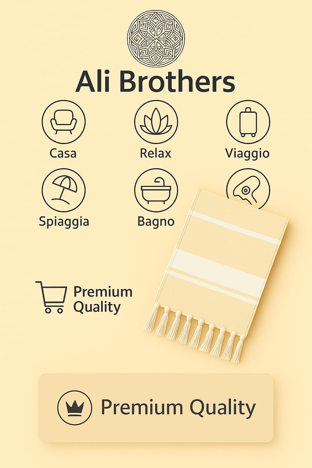 Ali Brothers Telo Mare Grande 90x170cm 100% Cotone – Asciugamano da Spiaggia con Frange – Antisabbia, Leggero, Assorbente e Compatto – Fouta per Hammam, Sauna, Viaggio, Piscina, Yoga, Campeggio,