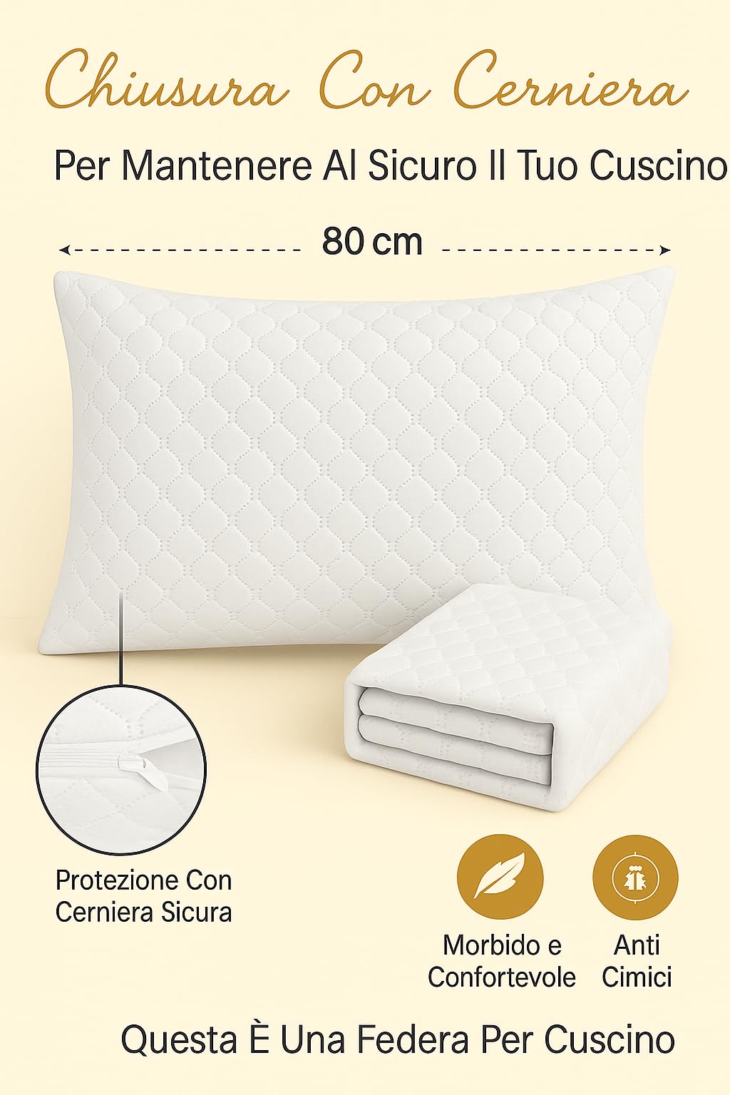 Set 2 Federe Trapuntate 50x80 con Cerniera – Copricuscino Imbottito Morbido, Protezione Guanciale, Anallergico, Lavabile-copricuscino- federa per cuscino- cuscino