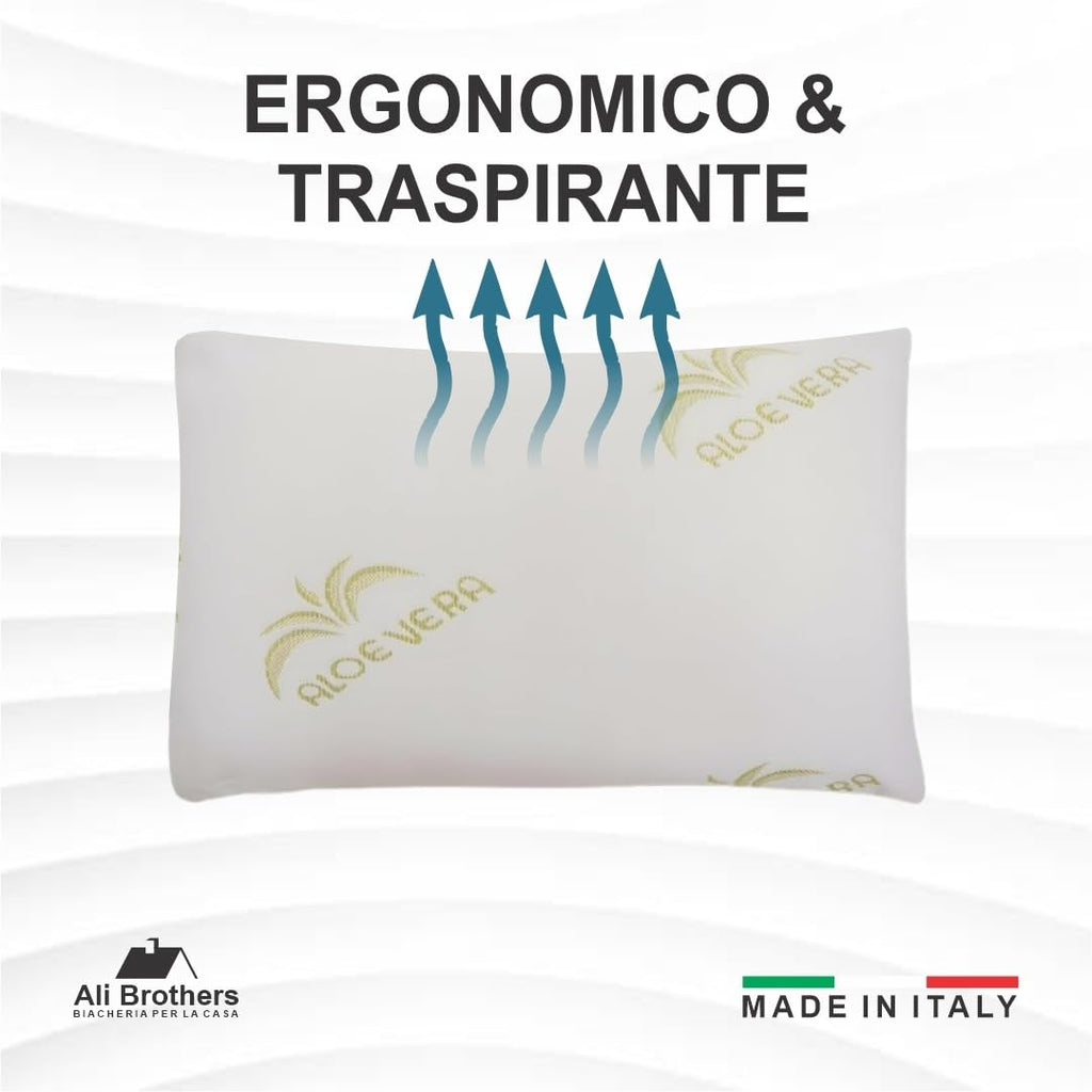 Cuscino Memory Foam Aloe Vera Set 2 Cuscino Ergonomico a Saponetta Antibatterico Ipoallergenico Traspirante per Benessere Notturno e Cuscini Letto Made in Italy per Collo e Cervicale