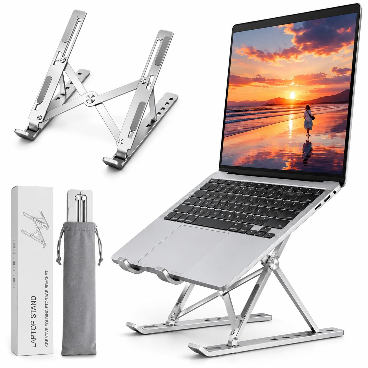 Ali Brothers Supporto per Laptop in Alluminio, Pieghevole e Portatile, Regolabile a 7 Livelli, Antiscivolo, Grigio, Finitura Metallica Anodizzata