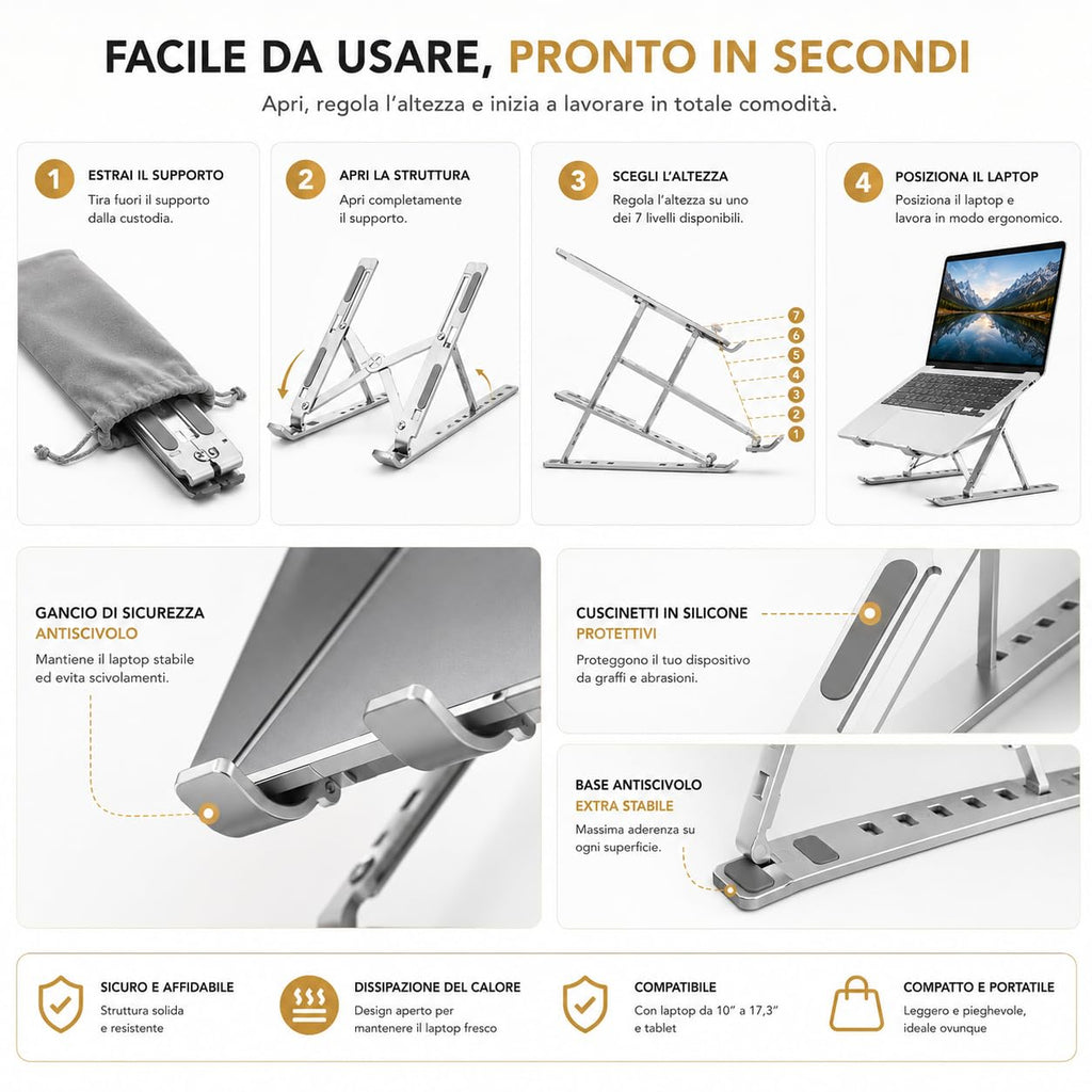 Ali Brothers Supporto per Laptop in Alluminio, Pieghevole e Portatile, Regolabile a 7 Livelli, Antiscivolo, Grigio, Finitura Metallica Anodizzata