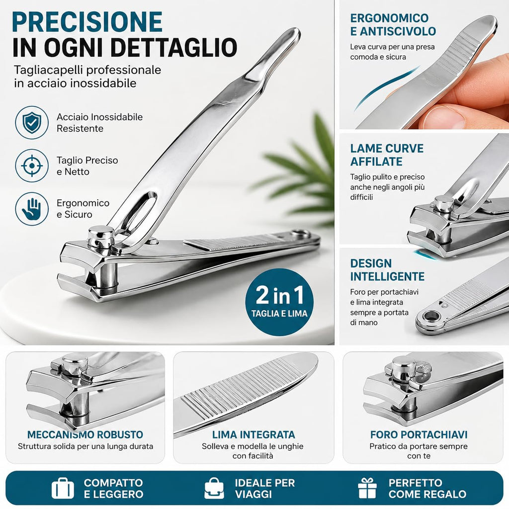 Tagliaunghie Professionale in Acciaio Inox- con lime per unghie integrate, tagliaunghia in acciaio inossidabile resistente per unghie spesse, affilato per uomini e donne