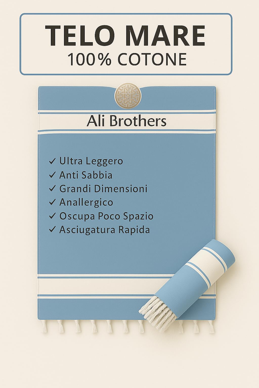 Ali Brothers Telo Mare Grande 90x170cm 100% Cotone – Asciugamano da Spiaggia con Frange – Antisabbia, Leggero, Assorbente e Compatto – Fouta per Hammam, Sauna, Viaggio, Piscina, Yoga, Campeggio,