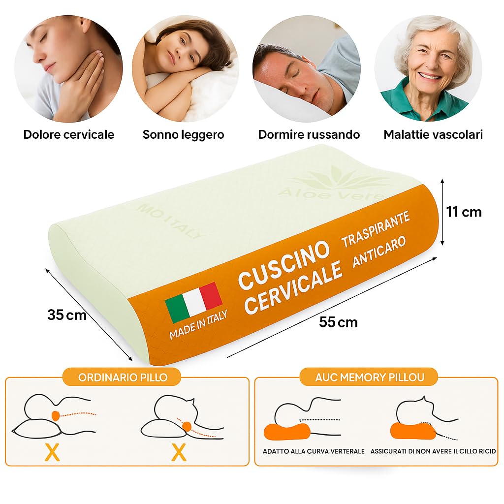 Ali Brothers Cuscino Letto in Memory Foam Ergonomico – Cervicale, Ortopedico, Traspirante, Altezza 13/15 cm – Antiacaro, Made in Italy – Cuscino per Dormire, Collo e Schiena