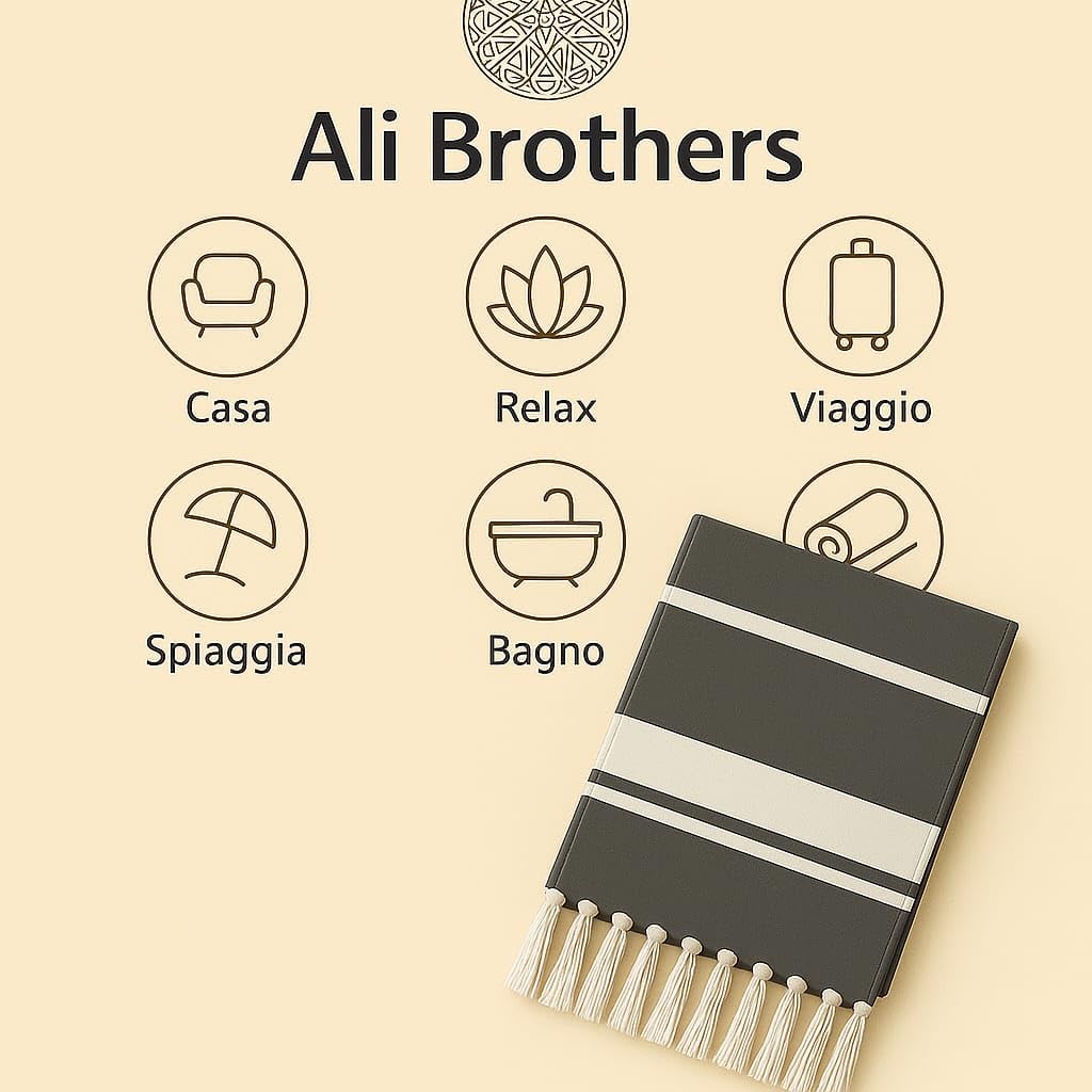 Ali Brothers Telo Mare Grande 90x170cm 100% Cotone – Asciugamano da Spiaggia con Frange – Antisabbia, Leggero, Assorbente e Compatto – Fouta per Hammam, Sauna, Viaggio, Piscina, Yoga, Campeggio,