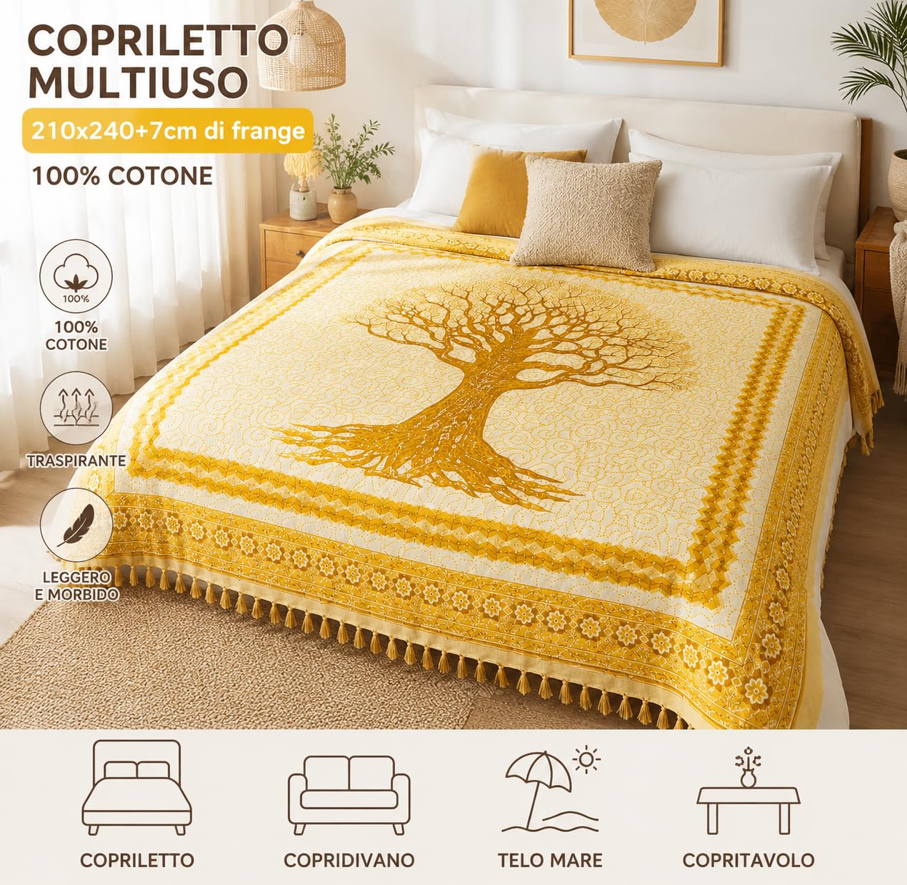Ali Brothers Telo Mare Grande, cotone 210x230 cm+7cm frange| Telo Spiaggia antisabbia | Asciugamano Mare Fouta, frange e angoli - Pareo Donna Uomo Ragazzi | Pic Nic Beach Towel Coperta, lungo leggero
