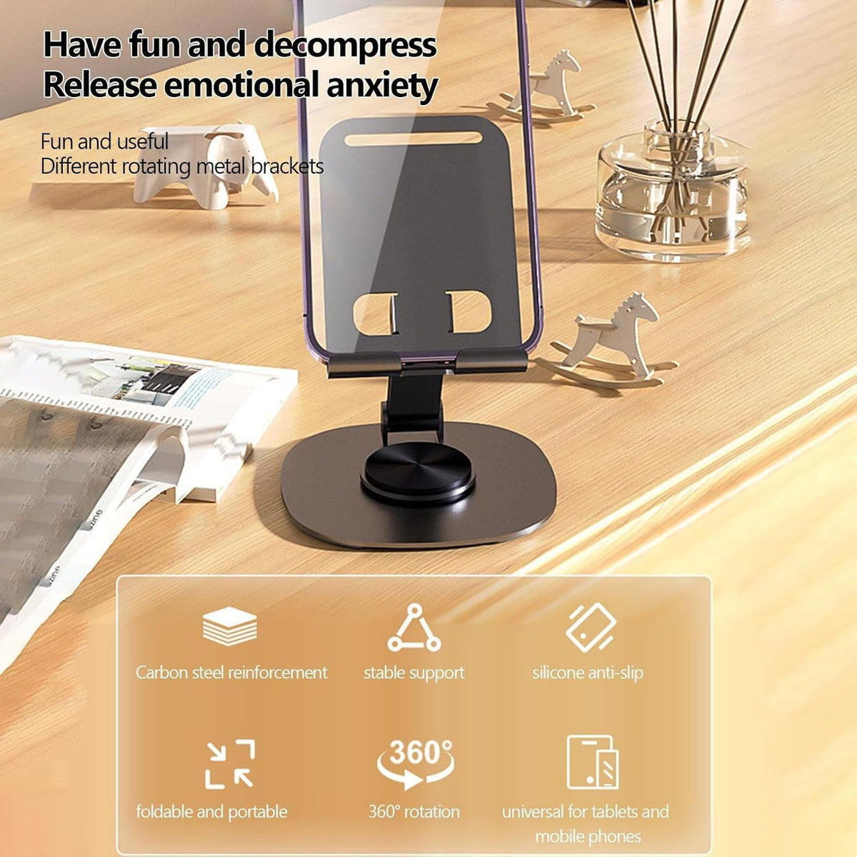 Supporto Telefono da Tavolo, Regolabile a 360° con Rotazione a 360°,Porta Cellulare con Fessura per Ricarica, per Scrivania, Ufficio e casa,, Multi-Angolo,, Porta Telefono Pieghevole in 100% Accaio