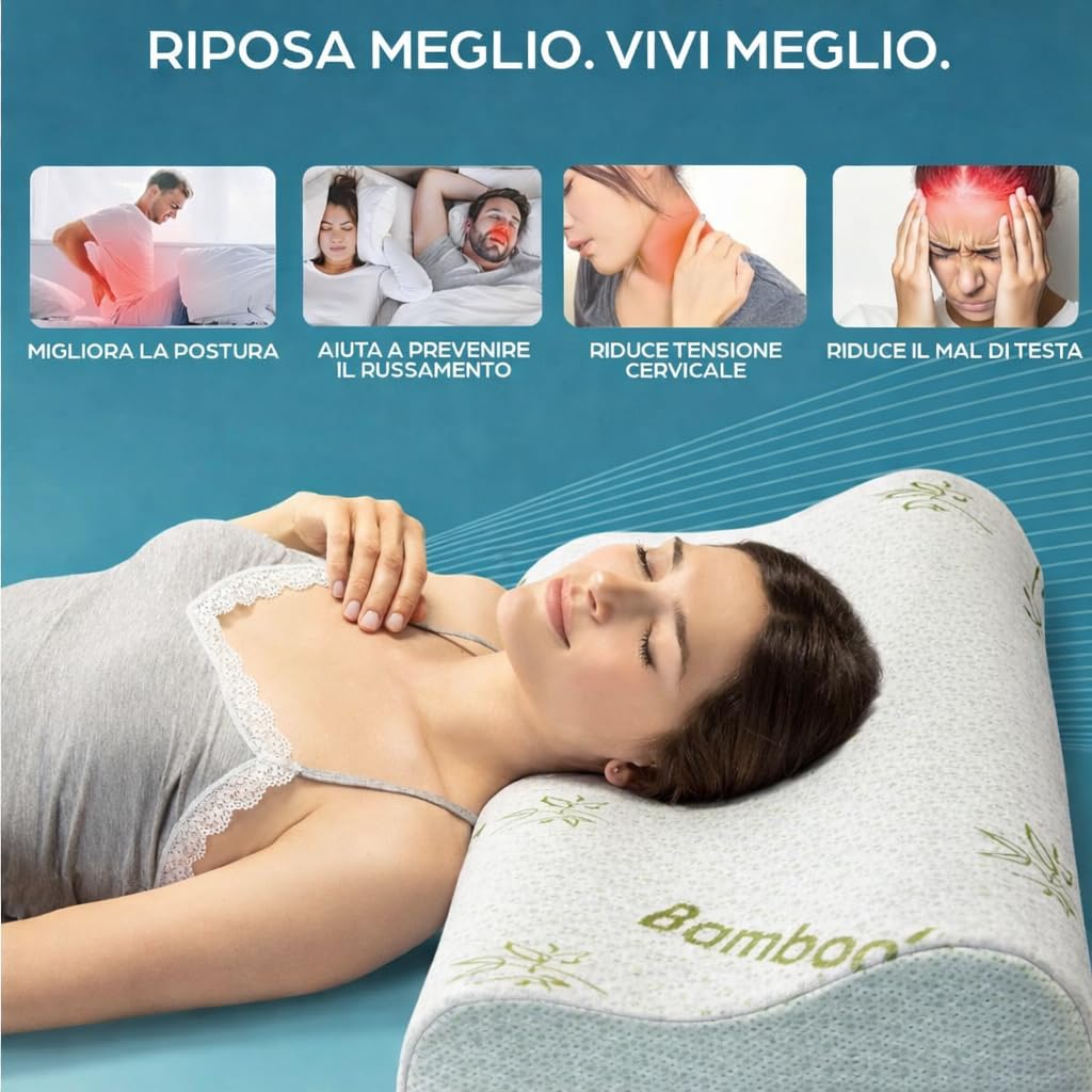 Ali Brothers Cuscino in Memory Foam | Ergonomico e Traspirante | Supporto Ottimale per Collo e Cervicale, Adatto a Tutte le Posizioni del Sonno | Fodera Ipoallergenica in Argento Naturale
