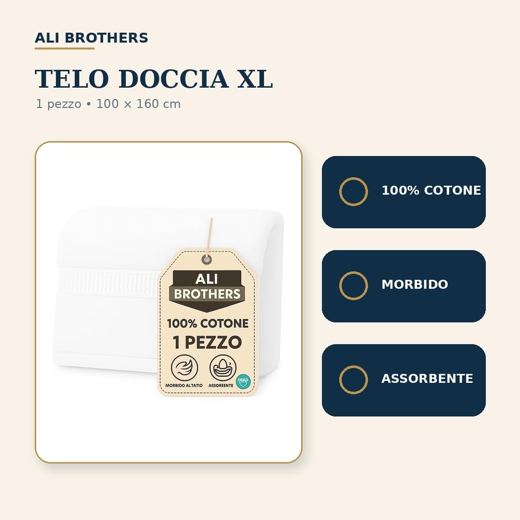 Ali Brothers Telo Doccia Maxi 100x160 cm, Asciugamano Bagno XL in Spugna 100% Cotone, Morbido e Assorbente, Lavabile, Bianco, 1 Pezzo