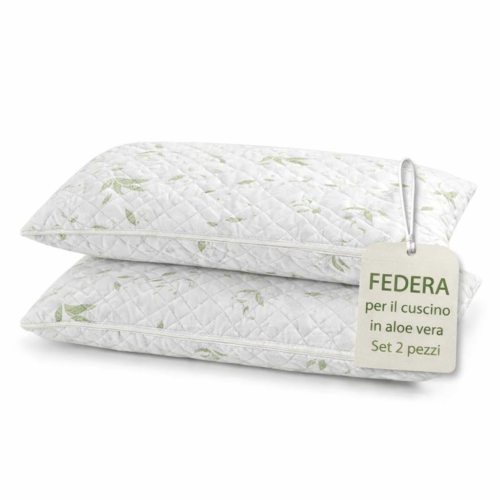 Ali Brothers Federa Cuscino Aloe Vera 50x80 cm – Set 2 Pezzi, Copricuscino Trapuntato con Zip, Traspirante, Anallergico, Morbido e Lavabile, Protezione Guanciale
