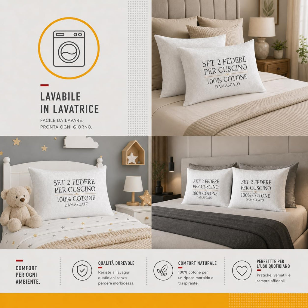 Set 2 Federe Cuscino 50x80 cm con Cerniera, 100% Cotone Damascato, Morbide e Traspiranti, Copricuscini Bianchi per Letto Matrimoniale