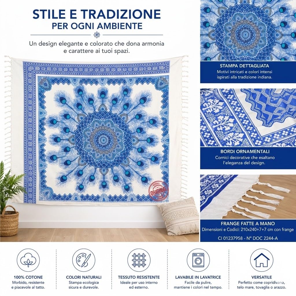 Ali Brothers Telo Mare Grande, cotone 210x230 cm+7cm frange| Telo Spiaggia antisabbia | Asciugamano Mare Fouta, frange e angoli - Pareo Donna Uomo Ragazzi | Pic Nic Beach Towel Coperta, lungo leggero