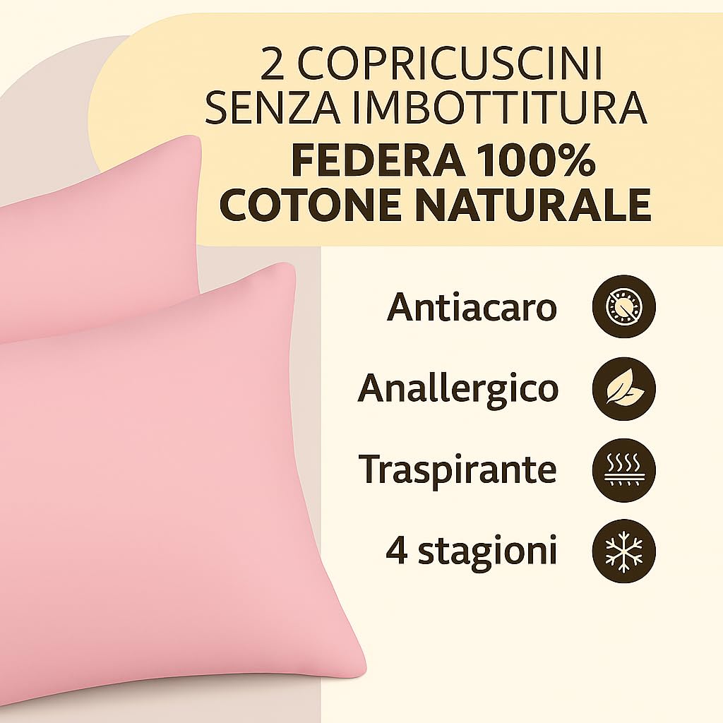 Set 2 Federe Cuscino 50x80 cm – 100% Cotone Morbido e Traspirante – Antipiega, Antiacaro, Lavabili – Naturale per Letto Singolo o Matrimoniale"