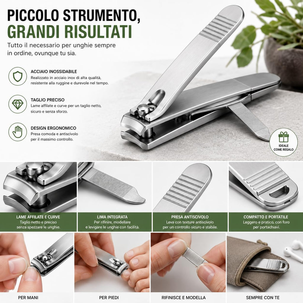 Tagliaunghie Professionale in Acciaio Inox- con lime per unghie integrate, tagliaunghia in acciaio inossidabile resistente per unghie spesse, affilato per uomini e donne