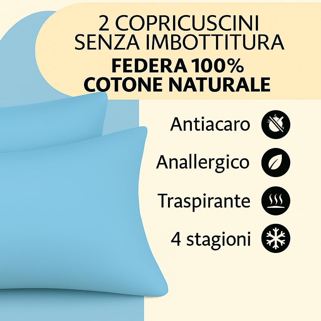 Set 2 Federe Cuscino 50x80 cm – 100% Cotone Morbido e Traspirante – Antipiega, Antiacaro, Lavabili – Naturale per Letto Singolo o Matrimoniale"