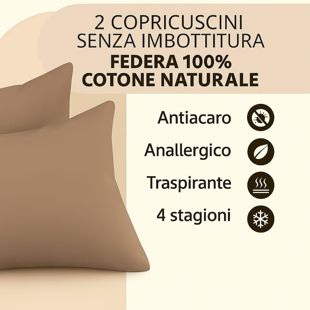 Set 2 Federe Cuscino 50x80 cm – 100% Cotone Morbido e Traspirante – Antipiega, Antiacaro, Lavabili – Naturale per Letto Singolo o Matrimoniale"