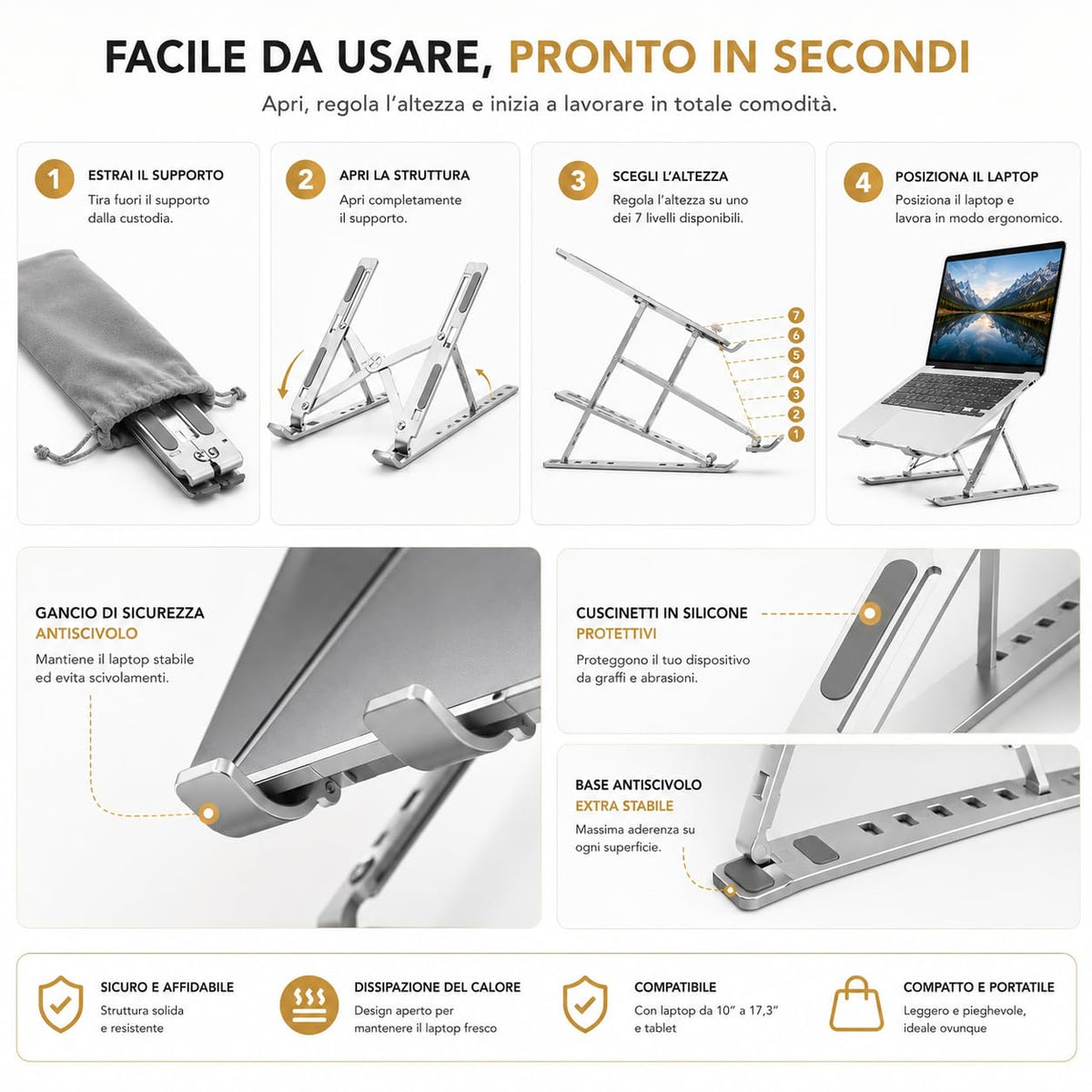 Ali Brothers Supporto per Laptop in Alluminio, Pieghevole e Portatile, Regolabile a 7 Livelli, Antiscivolo, Grigio, Finitura Metallica Anodizzata
