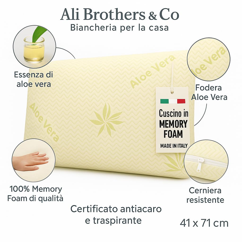 Ali Brothers Cuscino Letto in Memory Foam Ergonomico – Cervicale, Ortopedico, Traspirante, Altezza 13/15 cm – Antiacaro, Made in Italy – Cuscino per Dormire, Collo e Schiena