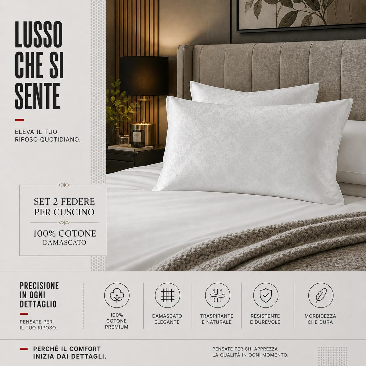 Set 2 Federe Cuscino 50x80 cm con Cerniera, 100% Cotone Damascato, Morbide e Traspiranti, Copricuscini Bianchi per Letto Matrimoniale