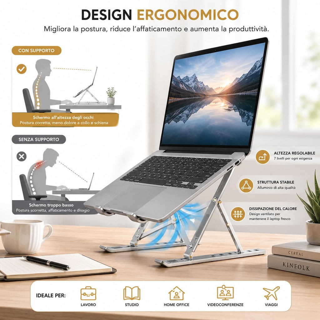 Ali Brothers Supporto per Laptop in Alluminio, Pieghevole e Portatile, Regolabile a 7 Livelli, Antiscivolo, Grigio, Finitura Metallica Anodizzata