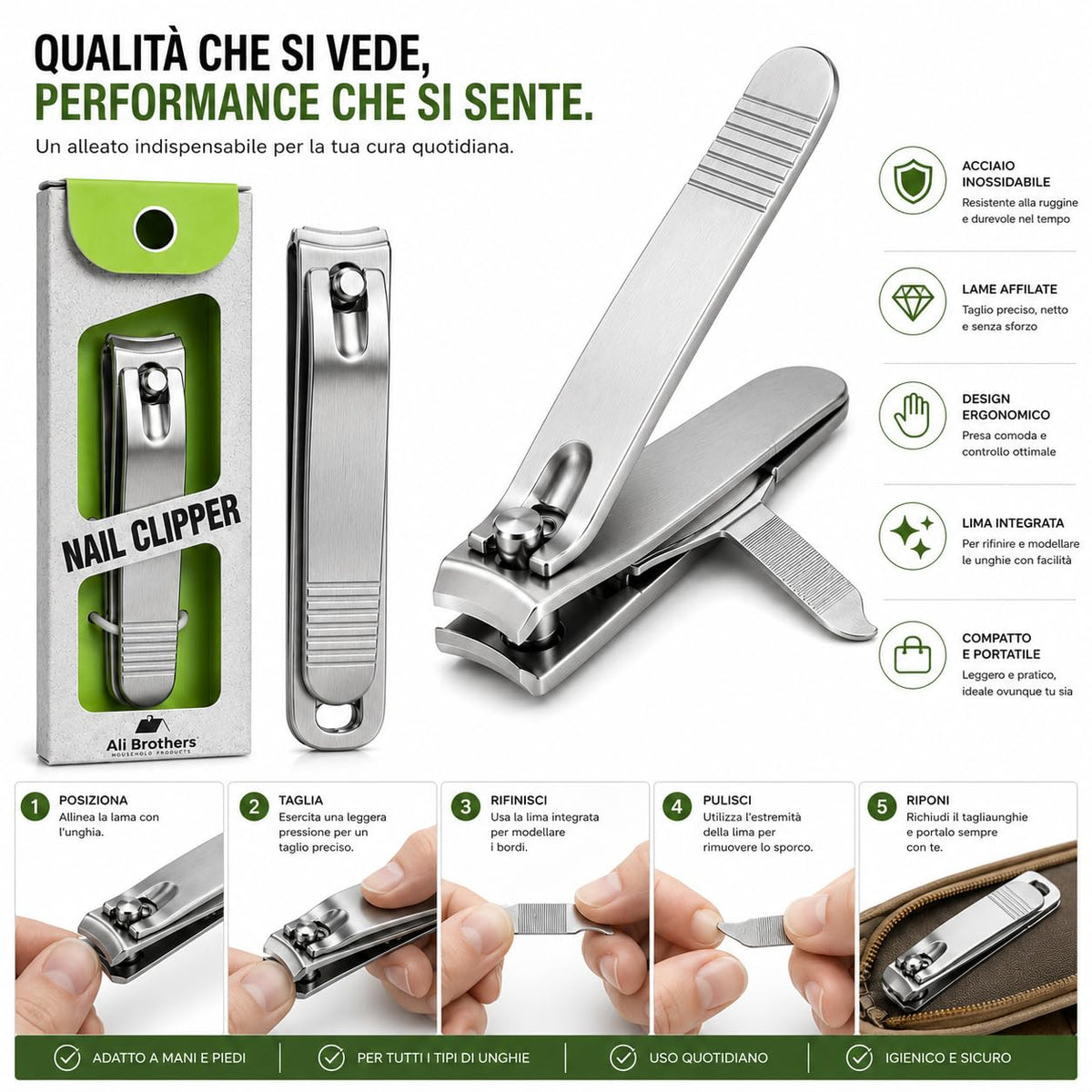 Tagliaunghie Professionale in Acciaio Inox- con lime per unghie integrate, tagliaunghia in acciaio inossidabile resistente per unghie spesse, affilato per uomini e donne