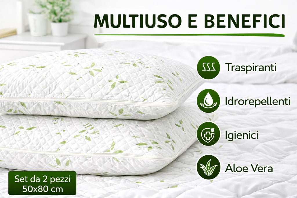 Ali Brothers Federa Cuscino Aloe Vera 50x80 cm – Set 2 Pezzi, Copricuscino Trapuntato con Zip, Traspirante, Anallergico, Morbido e Lavabile, Protezione Guanciale