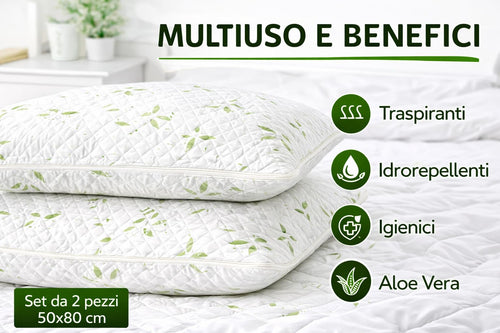 Ali Brothers Federa Cuscino Aloe Vera 50x80 cm – Set 2 Pezzi, Copricuscino Trapuntato con Zip, Traspirante, Anallergico, Morbido e Lavabile, Protezione Guanciale
